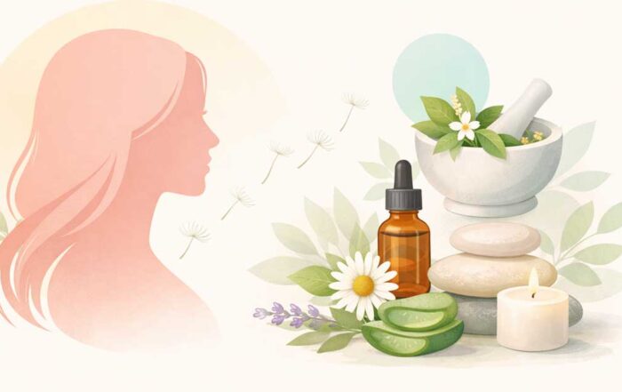 Wellness ilustracija s ženskom siluetom, biljem i svijećom — tema Candida i Gardnerella, prirodni pristup vaginalnom zdravlju