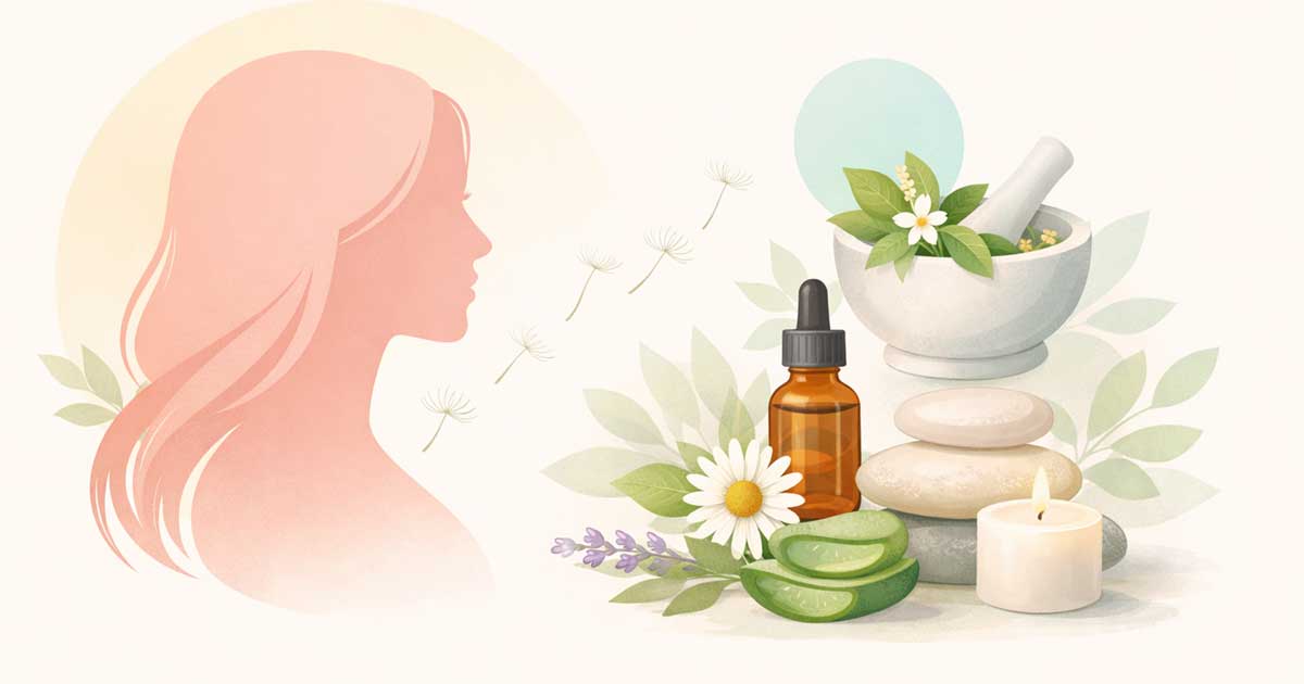 Wellness ilustracija s ženskom siluetom, biljem i svijećom — tema Candida i Gardnerella, prirodni pristup vaginalnom zdravlju